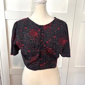 Free People Women's Dark Grey and Hot Pink Floral Print Cropped Wrap Top Size S